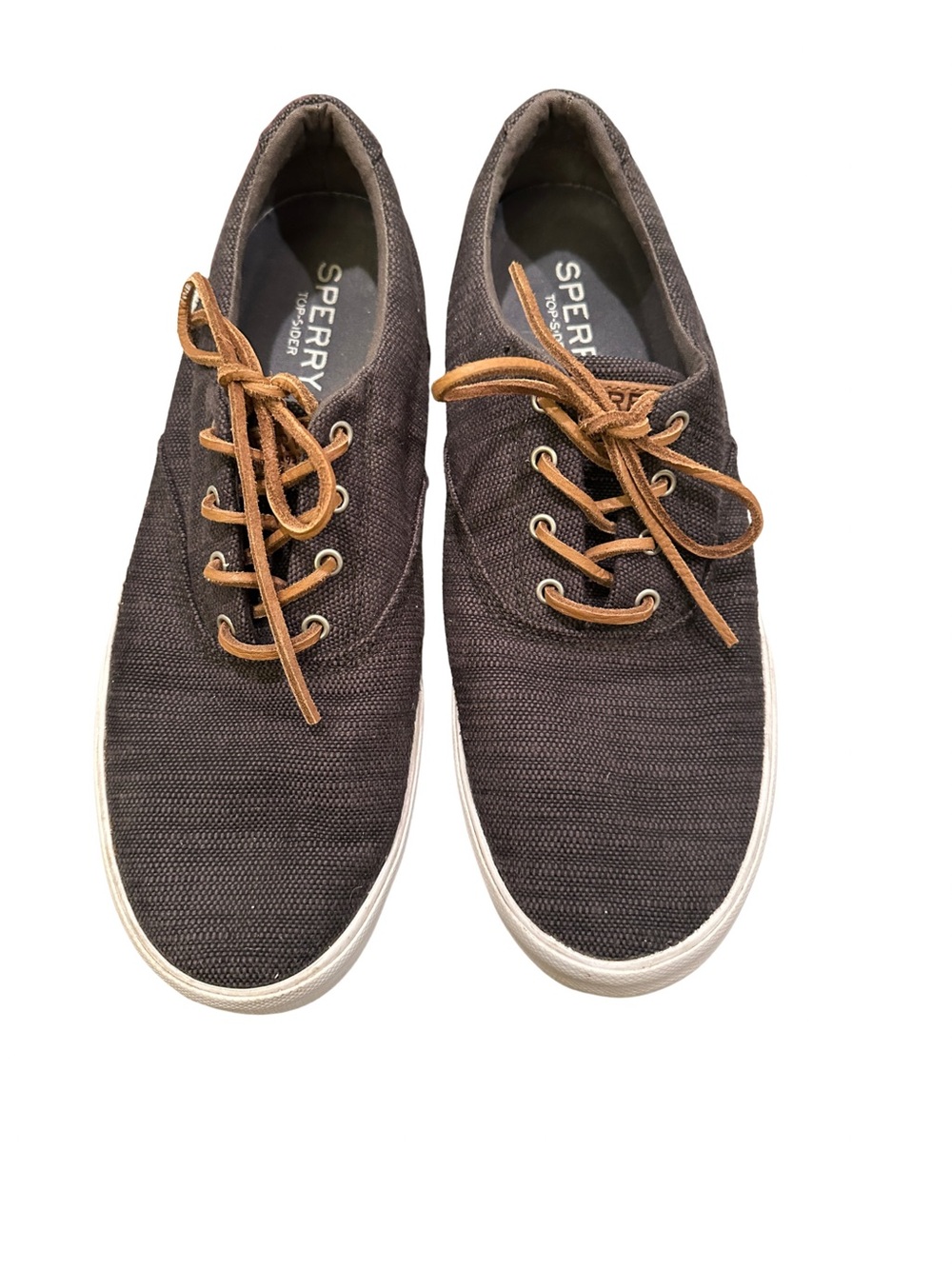 Sperry Men's Charcoal Canvas Boat Shoes with Tan Laces - Size 11